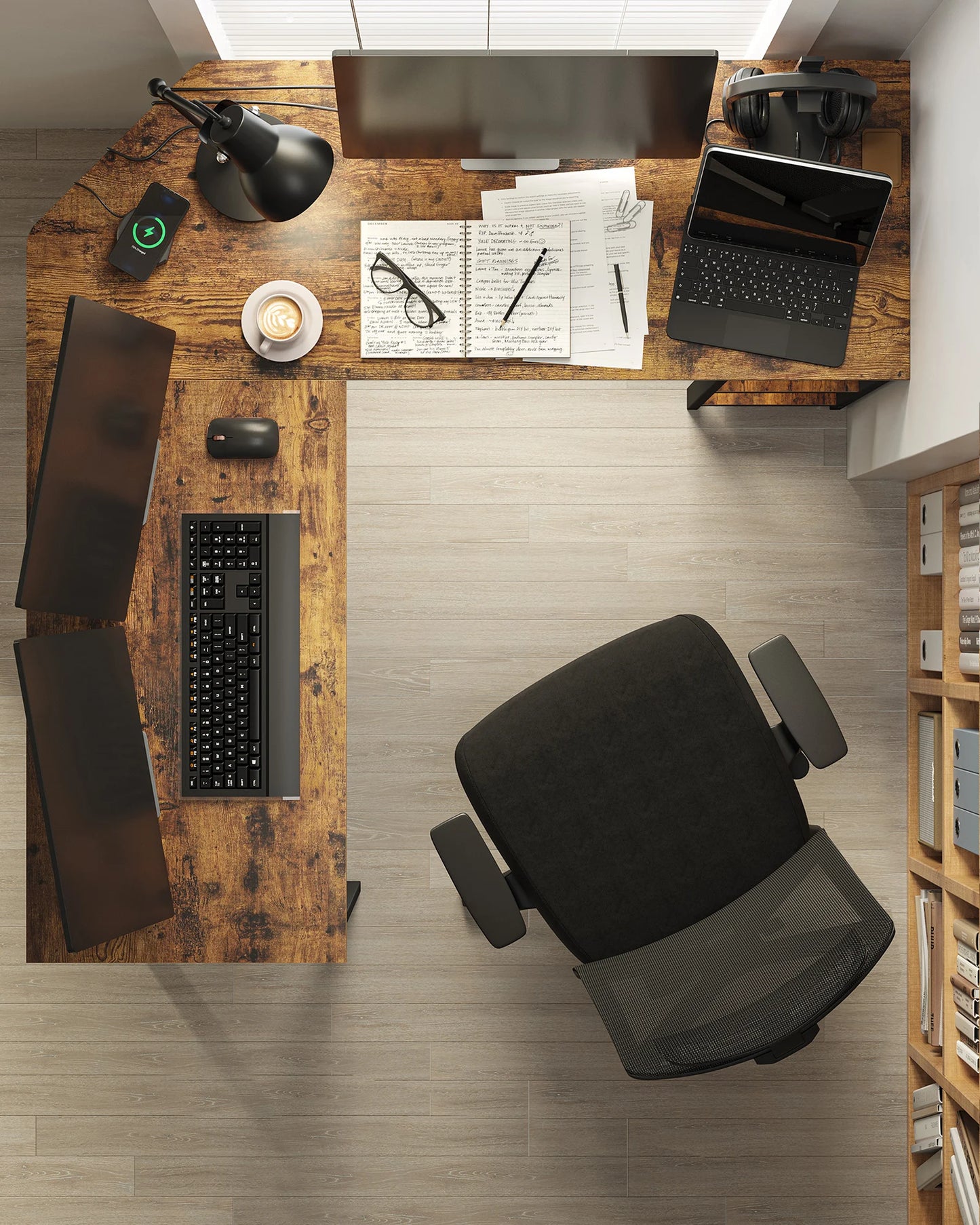 Computer Bureau - L-Vorm - Hoekbureau - Gaming Tafel - Computer Tafel - 138x138x76cm - Stabiel Bureau - Verstelbare Poten - 2 Open Planken - Broen - QUORE