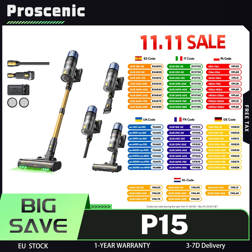 Proscenic P15 Cordless Stick Vacuum Cleaner, 70min Runtime, 50kPa 580W Powerful Suction, Anti-Tangle Brush, Green Light, 6 Layer - QUORE