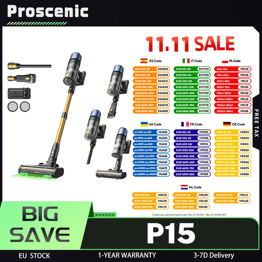Proscenic P15 Cordless Stick Vacuum Cleaner, 70min Runtime, 50kPa 580W Powerful Suction, Anti-Tangle Brush, Green Light, 6 Layer - QUORE