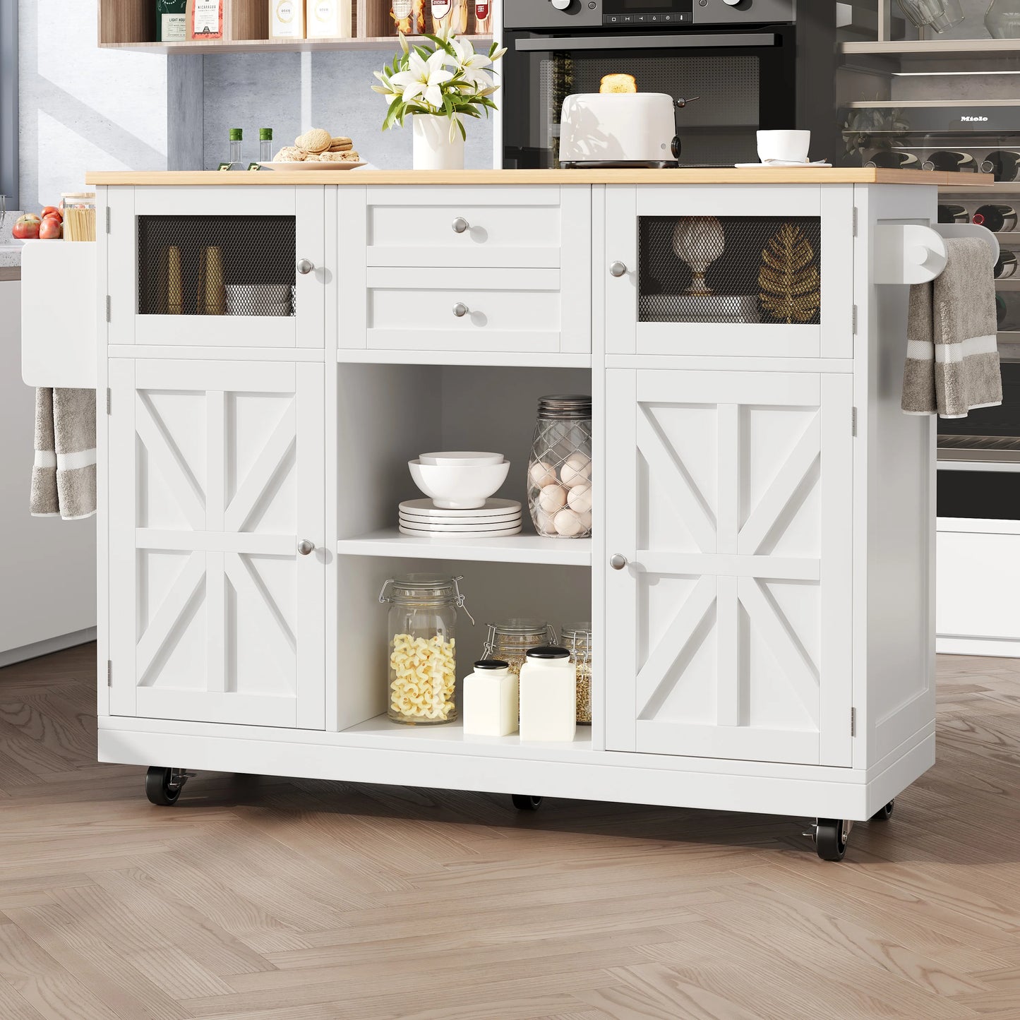 Kitchen island, dining cart with worktop, buffet cabinet, dining cart with wood grain, side towel rail,adjustable dividers,black - QUORE