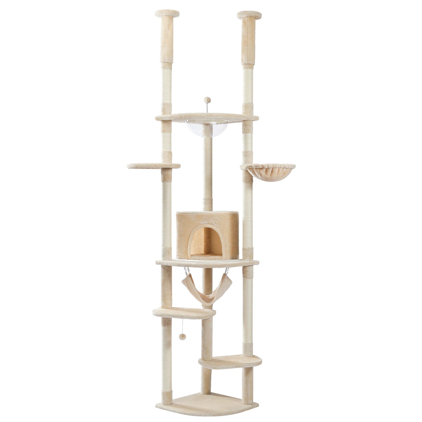 Krabpaal - Kattenkrabpaal - Krabton - Kattenboom - Plafondhoge Krabpalen - Kattenhuis - met klimplatforms, hangmat en sisalpalen - Verstelbare - Beige