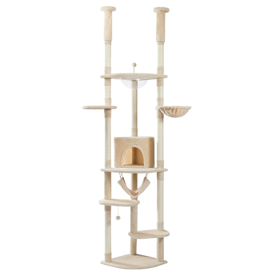 Krabpaal - Kattenkrabpaal - Krabton - Kattenboom - Plafondhoge Krabpalen - Kattenhuis - met klimplatforms, hangmat en sisalpalen - Verstelbare - Beige