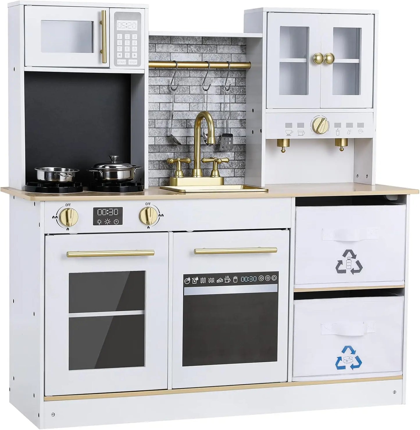 Houten Keukenset Kind – Speelkeuken Hout – Kinderkeuken Met Accessoires – Pretkeuken – Rollenspel Keuken – Licht- en Geluidseffecten – Compact 90x90x30 cm - QUORE