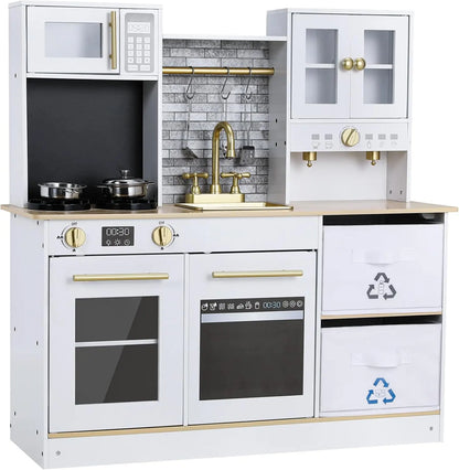 Houten Keukenset Kind – Speelkeuken Hout – Kinderkeuken Met Accessoires – Pretkeuken – Rollenspel Keuken – Licht- en Geluidseffecten – Compact 90x90x30 cm - QUORE