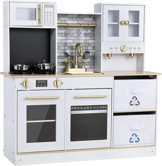Houten Keukenset Kind – Speelkeuken Hout – Kinderkeuken Met Accessoires – Pretkeuken – Rollenspel Keuken – Licht- en Geluidseffecten – Compact 90x90x30 cm - QUORE