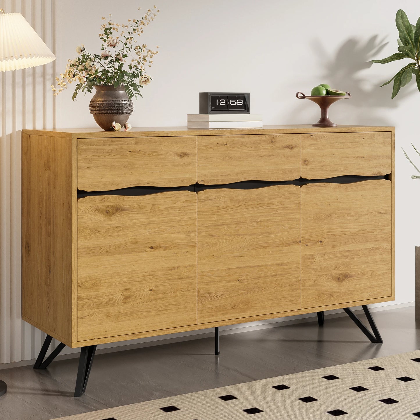 Modern Dressoir – Wandkast – Buffetkast – Opbergkast – Sideboard – Houten Design – Metalen Poten – 140x40x75,5 cm – Ruime 3-Deurs Opbergruimte