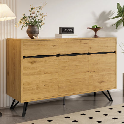 Modern Dressoir – Wandkast – Buffetkast – Opbergkast – Sideboard – Houten Design – Metalen Poten – 140x40x75,5 cm – Ruime 3-Deurs Opbergruimte