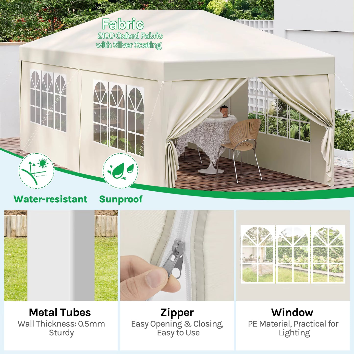 Tuinpaviljoen – Partytent – Tuitent – Overkapping – Waterdicht Oxford Doek – Pop-Up Systeem - 3x6 Meter – Beige