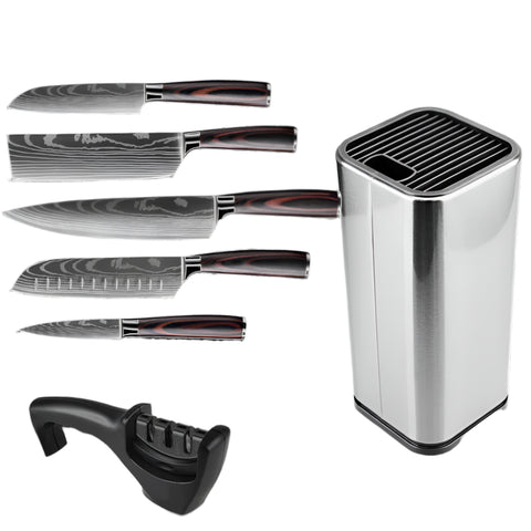 Keukenmessen - Knife set - Chef Knife - Knives - Kitchen Knife - Koksmes voor keuken - Damascus Santoku Messenset - Japans Scherp Hakmes Snijmes - 7-Delige Houderset