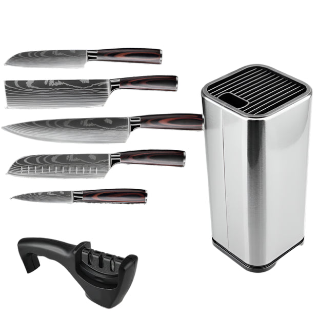 Keukenmessen - Knife set - Chef Knife - Knives - Kitchen Knife - Koksmes voor keuken - Damascus Santoku Messenset - Japans Scherp Hakmes Snijmes - 7-Delige Houderset