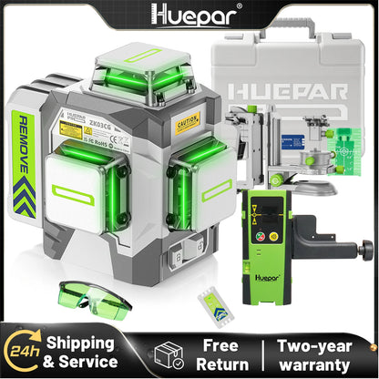 Huepar Professional 12 Lines Laser Level With Detector High Accuracy ±2mm 3x360° Cross Line Laser Tools & 8000mAh Li-ion Battery