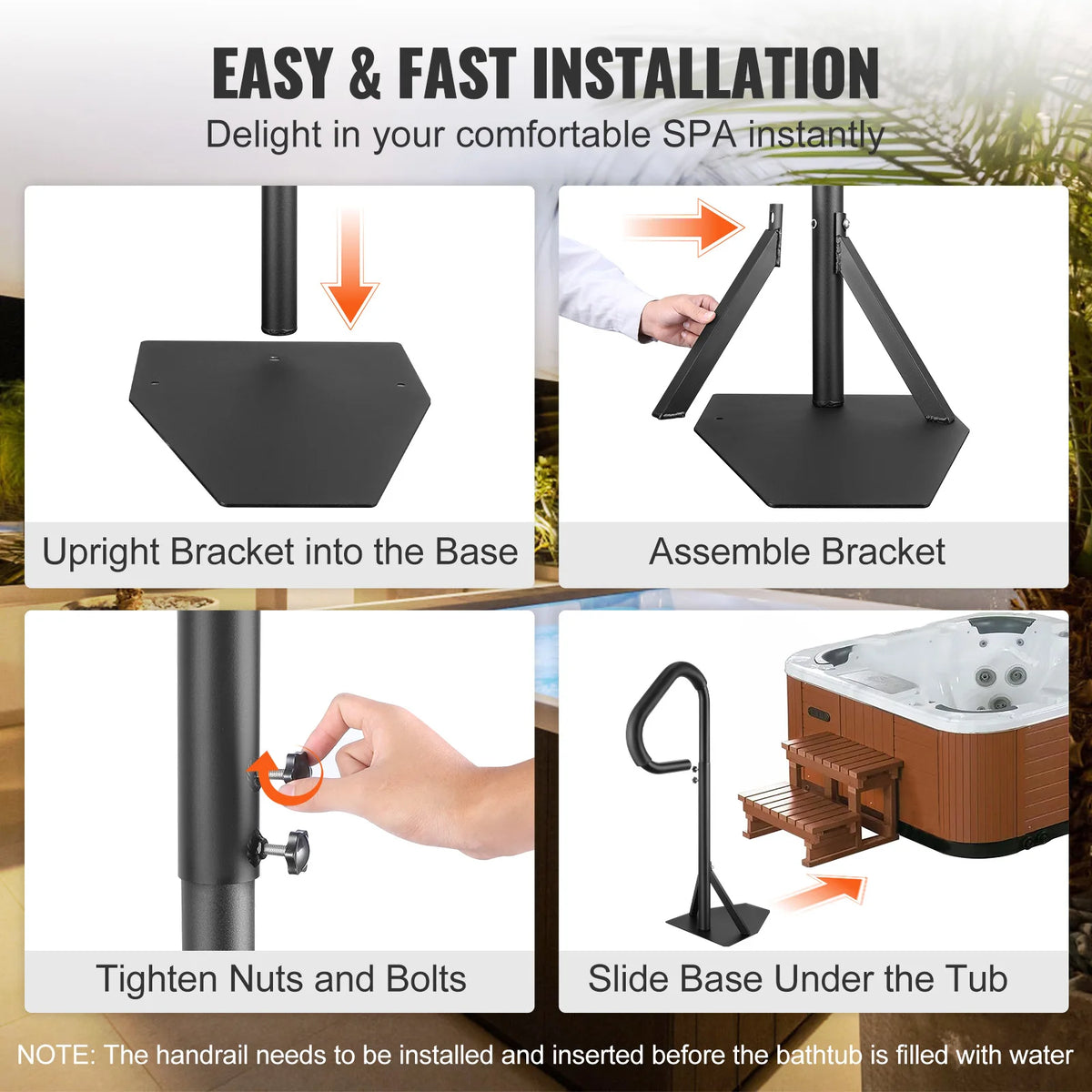 Hot Tub Handrail - Swivel Hot Tub Handrail - Side Rail - Adjustable Handrail - 360° Rotation - 6.75kg - 35-57 inch - Black