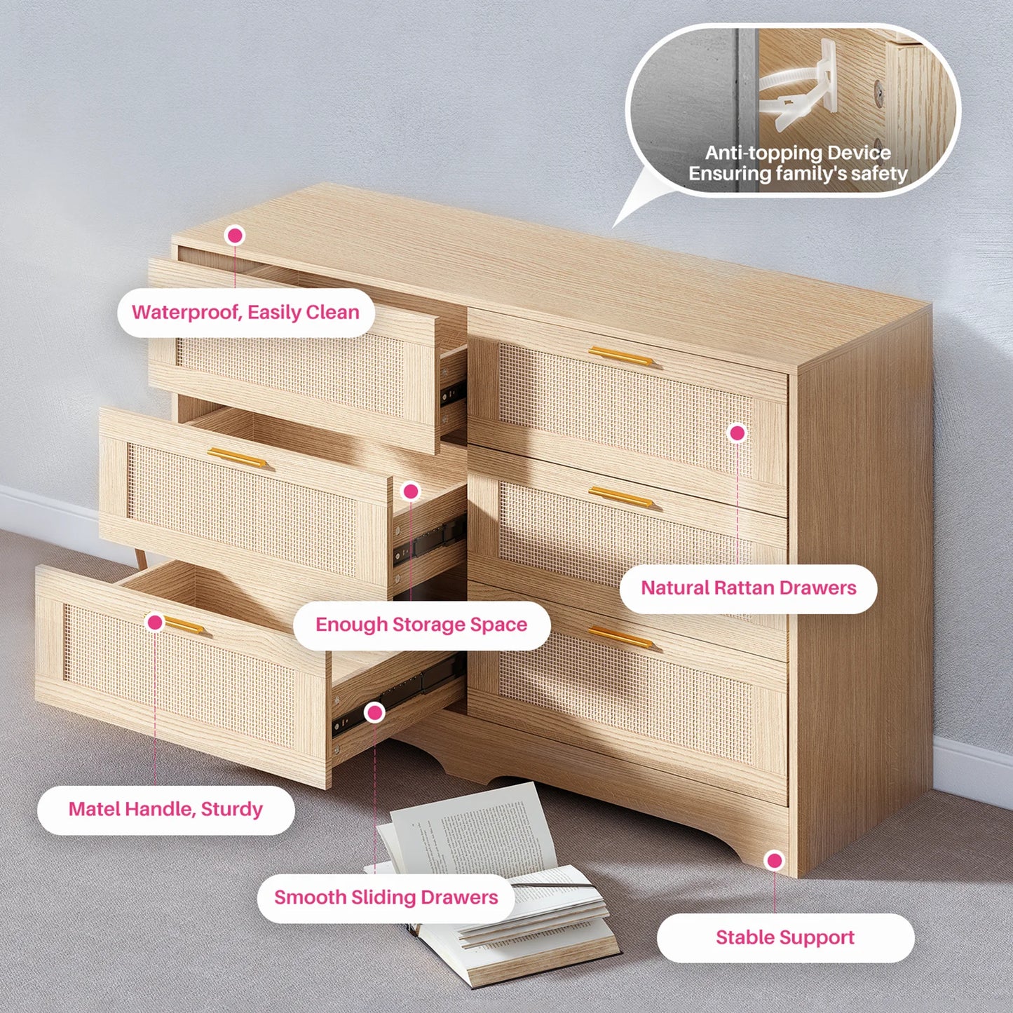 Ladekast – Opbergmeubel – Ladekasten – Opbergkast – Rattan Afwerking – 6 Ruime Lades – MDF Hout - 100 x 40 x 75 cm - Natuurlijk