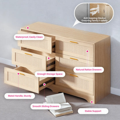 Ladekast – Opbergmeubel – Ladekasten – Opbergkast – Rattan Afwerking – 6 Ruime Lades – MDF Hout - 100 x 40 x 75 cm - Natuurlijk