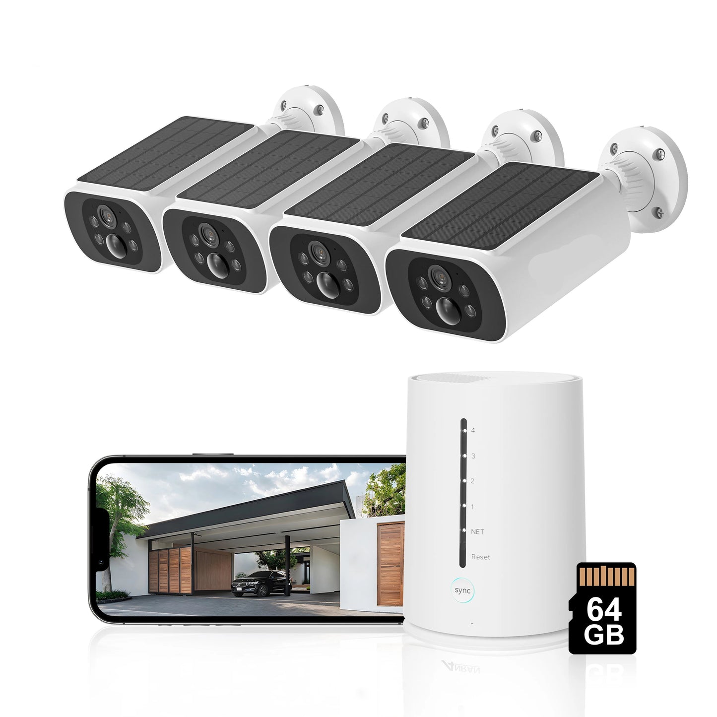 Beveiligingscamera - 4MP - Camerabewaking - Draadloos - voor Buiten - 4 Stuks - 2K Ultra HD - met Zonnepaneel - Sirene-alarm - Humanoïde detectie - Tweerichtingsaudio - 4CH - NVR Recorder - Wit