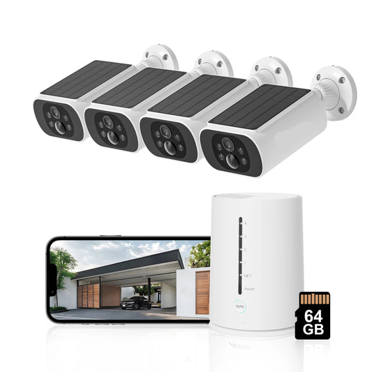 Beveiligingscamera - 4MP - Camerabewaking - Draadloos - voor Buiten - 4 Stuks - 2K Ultra HD - met Zonnepaneel - Sirene-alarm - Humanoïde detectie - Tweerichtingsaudio - 4CH - NVR Recorder - Wit