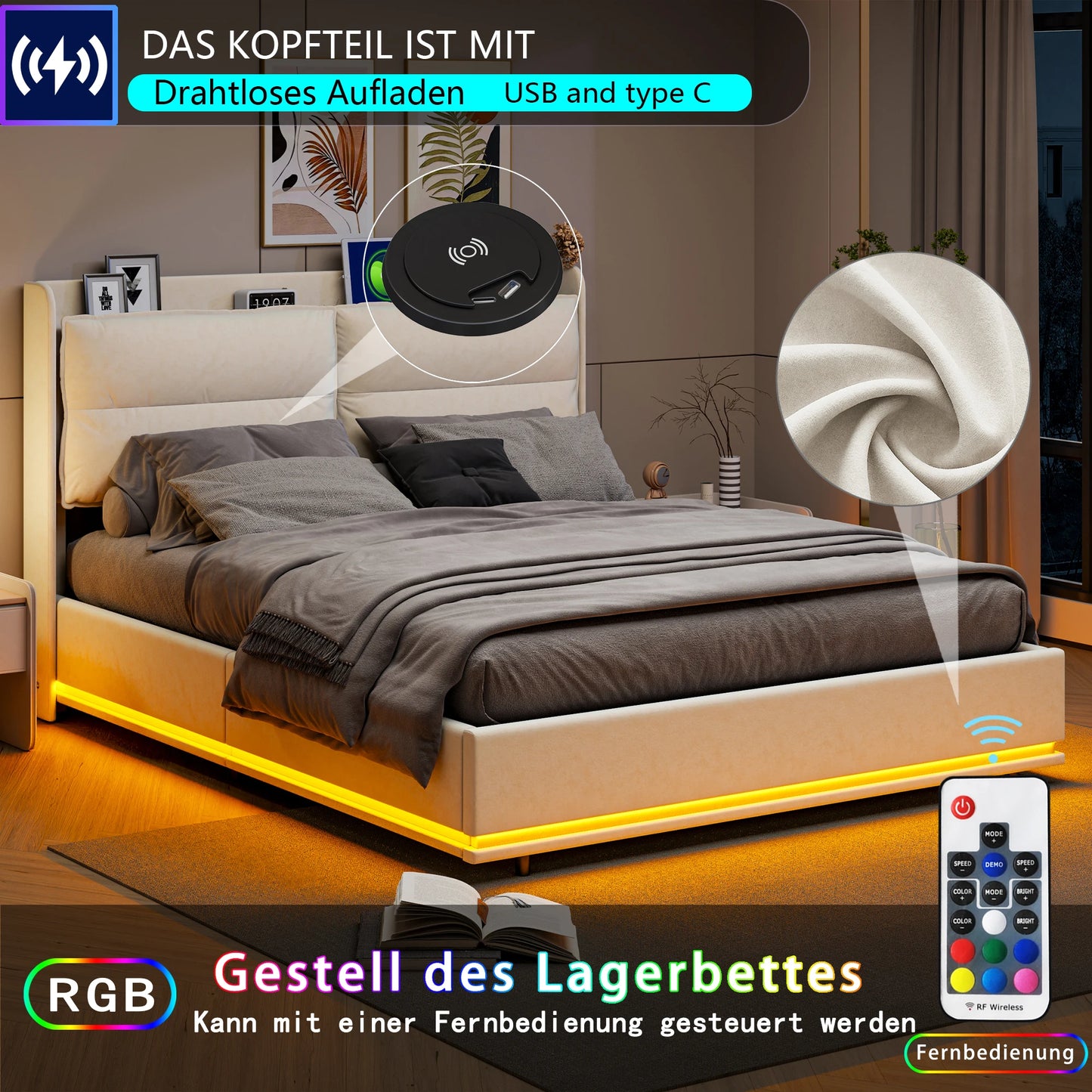 Tweepersoonsbed – Bedframe – Boxspring – Slaapkamerbed – Opbergbed – Hydraulisch Opbergsysteem – Fluwelen Bekleding – 140x200 cm - QUORE