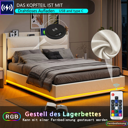 Tweepersoonsbed – Bedframe – Boxspring – Slaapkamerbed – Opbergbed – Hydraulisch Opbergsysteem – Fluwelen Bekleding – 140x200 cm - QUORE
