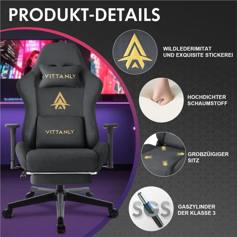 Ergonomische Bureaustoel – Gamingstoel – Computerstoel – Office Chair – Werkstoel – Verstelbare Rugleuning – Zachte Suède Bekleding – Met Voetensteun – Draaibaar - QUORE