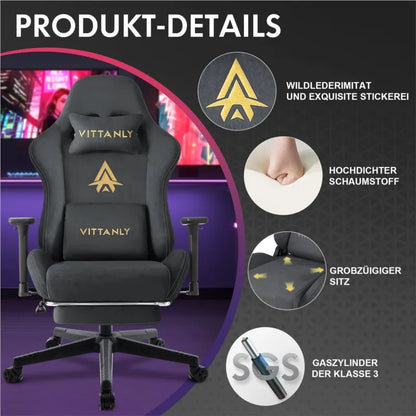 Gamingstoel – Gamestoel – Gaming Chair – Game Stoel – Bureaustoel – Natuurlijk Suède – Ergonomisch Met Voetensteun – Verstelbare Rugleuning 90°-155° - QUORE