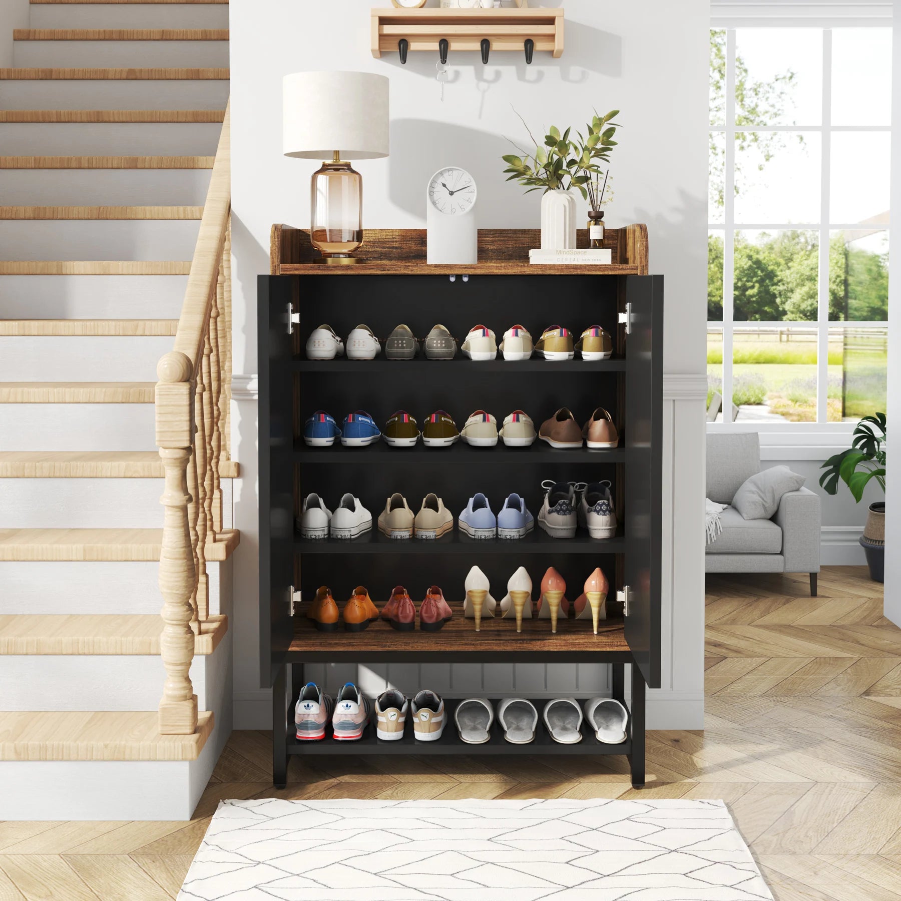 Schoenenkast – Schoenenrek – Schoenenopberger – Schoenenbank – Opbergkast – Hout – 5 Niveaus – Druk-open Deuren – Compact 73x35x105 cm - QUORE