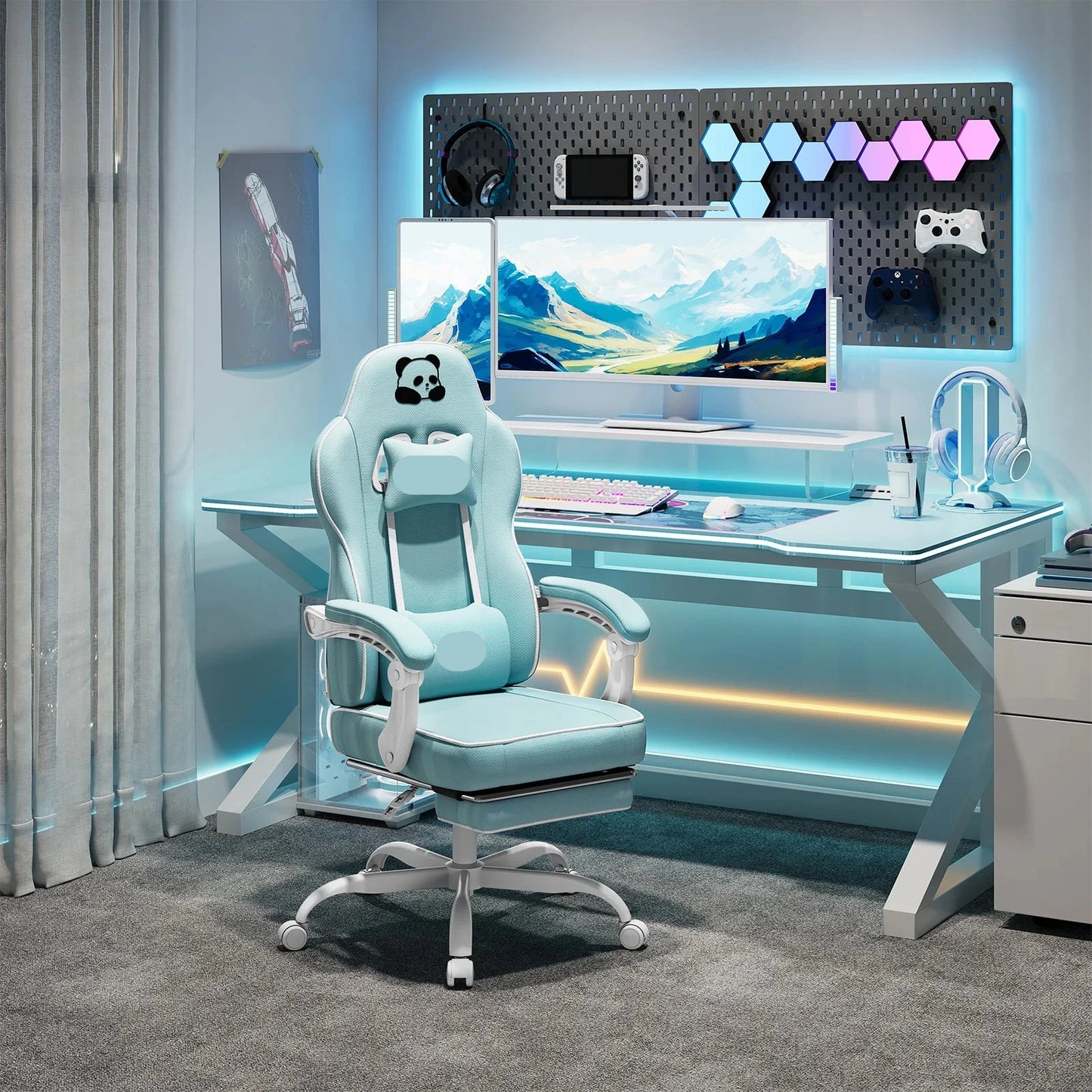Ergonomische Gaming- En Bureaustoel – Comfortabele Stoel – Mesh Bureaustoel – Met Voetensteun – Verstelbare Kussens – Sterk Metalen Frame - Lichtblauw