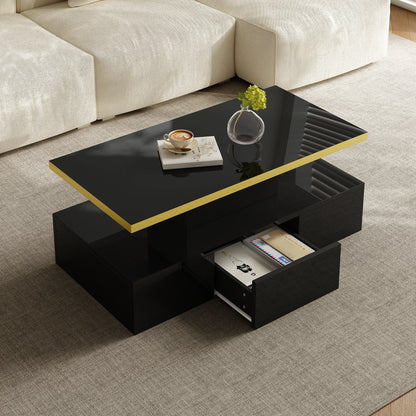Salontafel – Koffietafel – Woonkamertafel – Tafel Met Lade – Hoogglans Zwart – Twee Niveaus – Compact Met Gouden Rand - 100 x 50 x 38.5 cm - Zwart