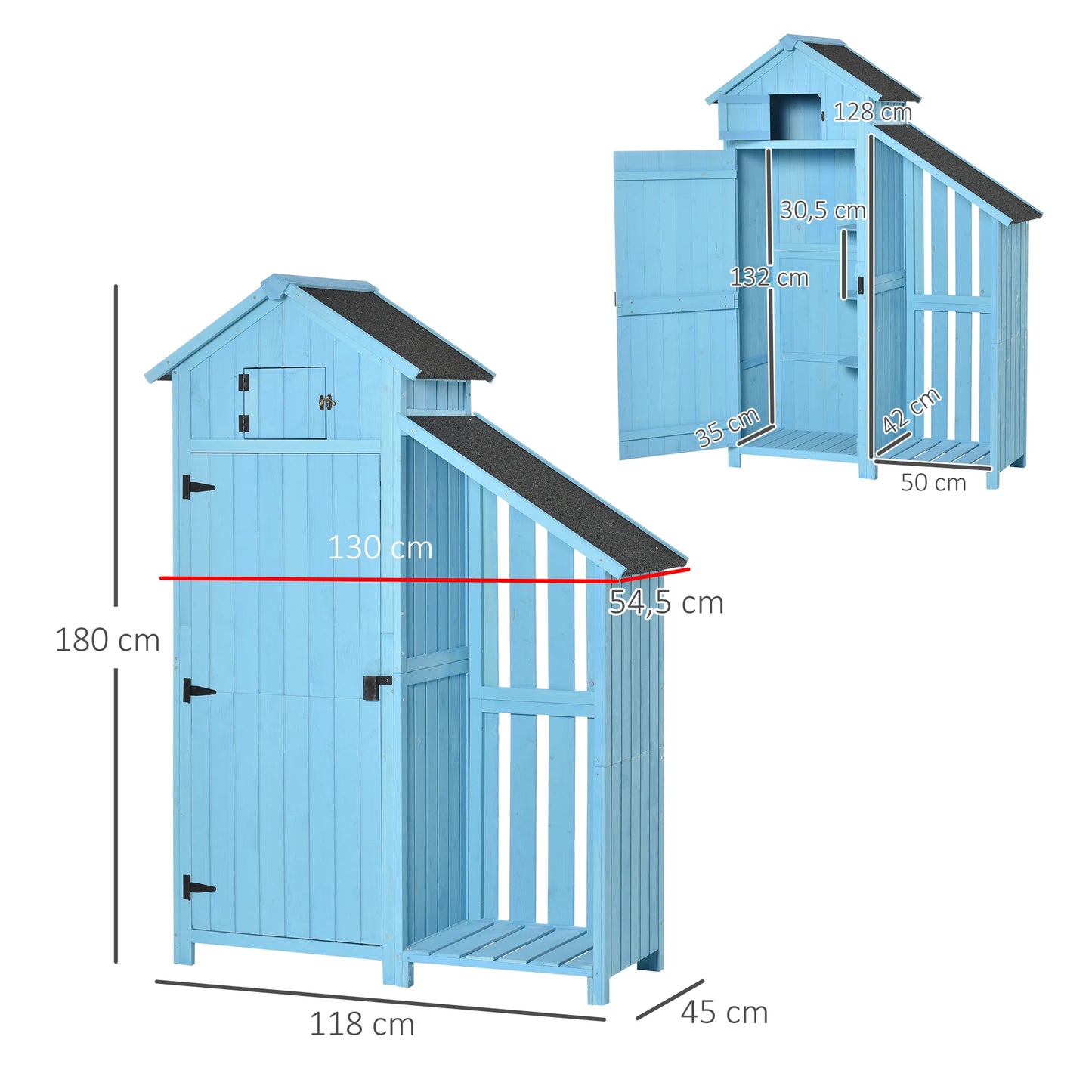 Tuinkast – Tuinberging – Tuinopslag – Tuinschuur – Tuinbox – Vurenhout – Waterafstotend Schuin Dak – Compact 130x54,5x180 cm - Hemelsblauw