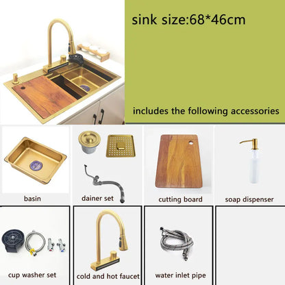 gold Waterfall faucet kichen sink Nano sink 304 Stainless Steel Golden Topmount Single Bowl Wash Basin 4 function kitchen faucet