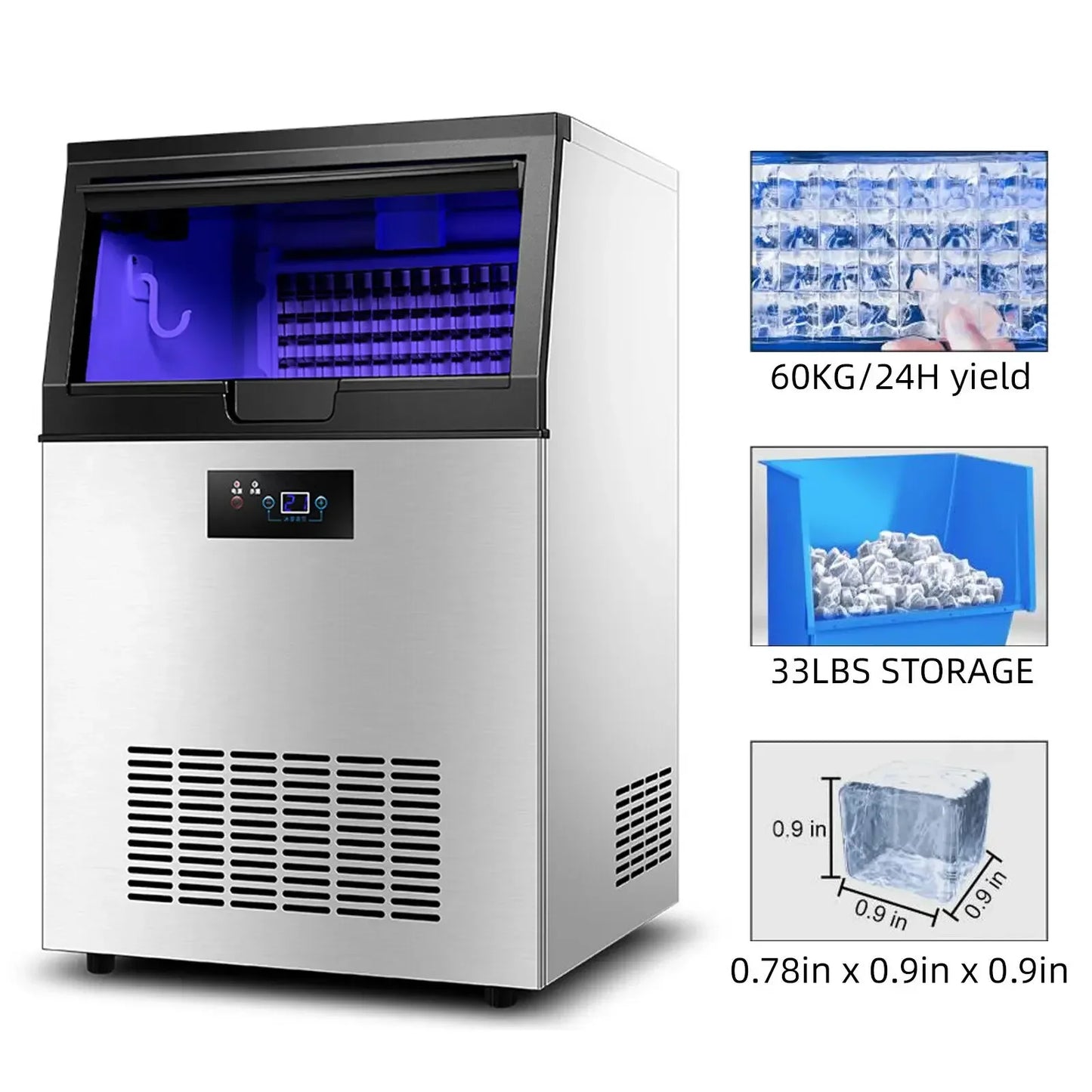 Ijsblokjesmachine - Elektrische Ijsblokjesmachine - Ijsmaker - Ijsmachine - 201W - ≤65 dB - 40pcs per 15-18mins - 15kg IJsopslagcapaciteit - 5-38 °C/41-100.4 ℉ - met LED blue light - Zilver