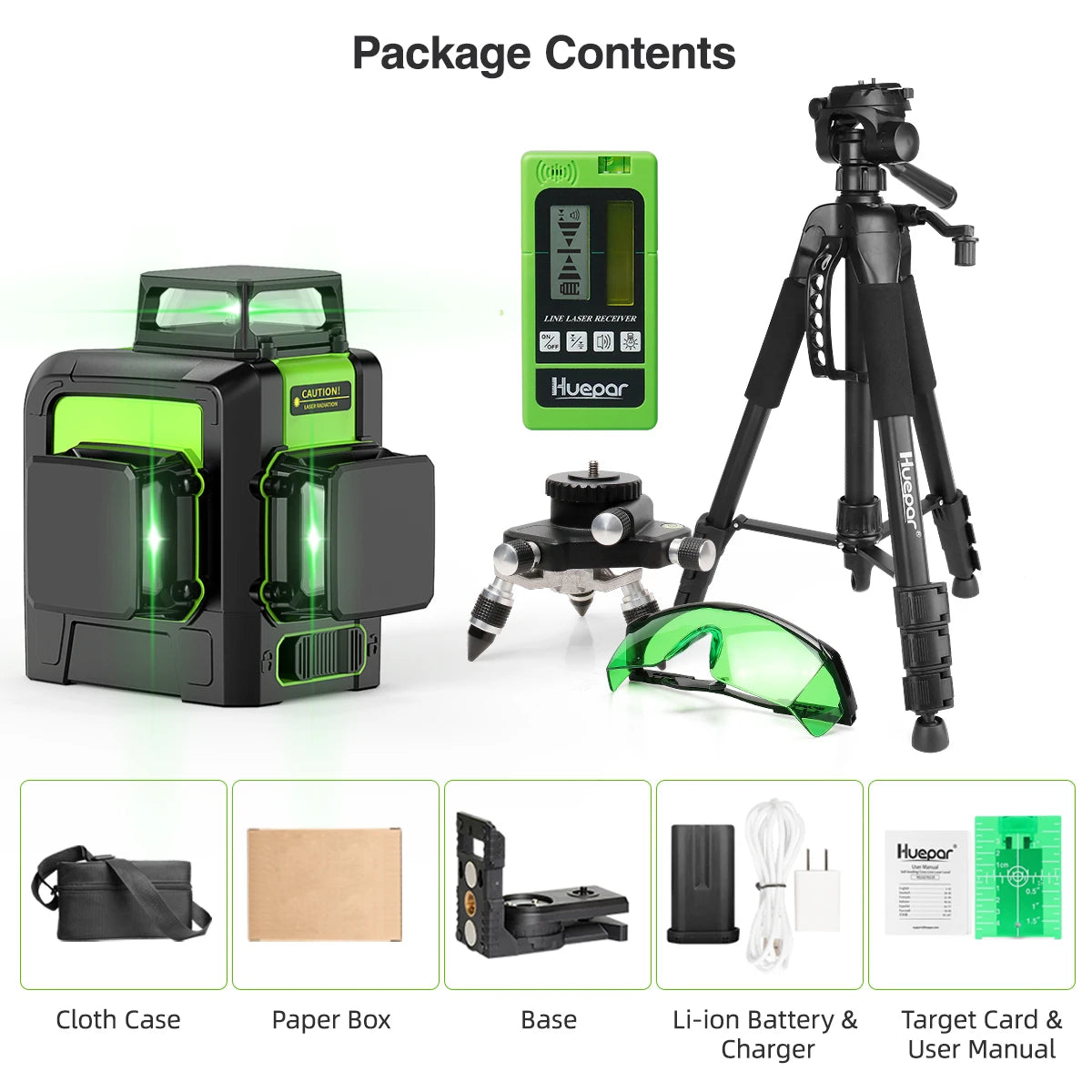 Huepar 903CG Set 12 3D Cross Lines Laser Level Osram Green Laser Beam Self-Leveling 360 Vertical Horizontal with Receiver Tripod - QUORE