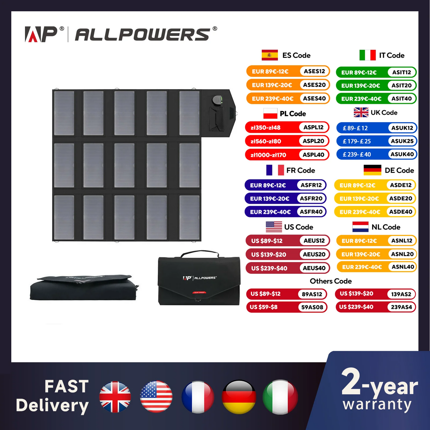 ALLPOWERS 100W Foldable Solar Panel, Portable Solar Charger (Dual 5v USB with HighTechnology+18v DC Output) for Outdoor, Camping - QUORE