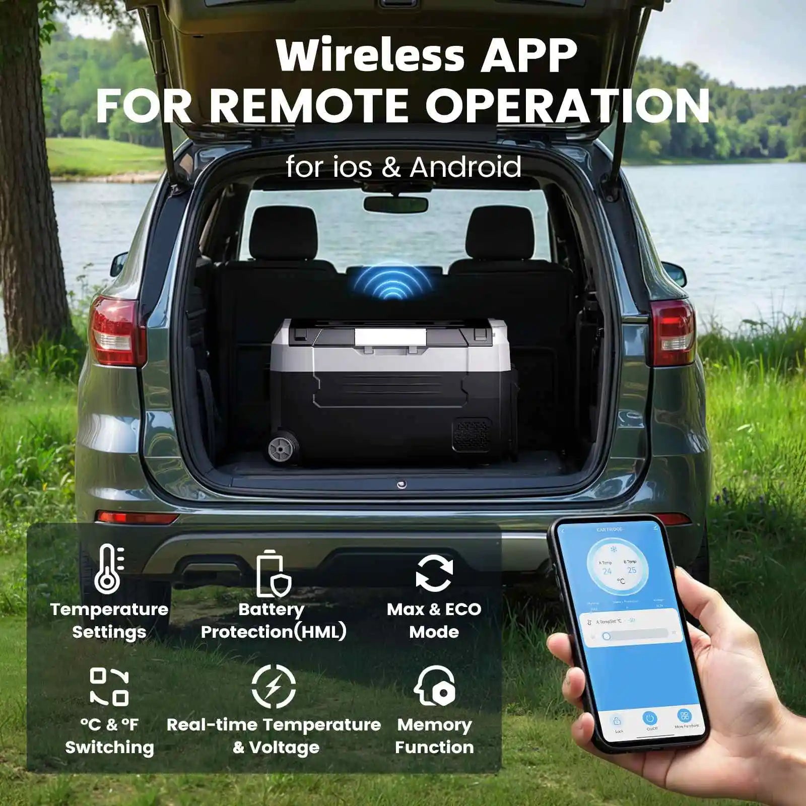 Elektrische Koelbox - Refrigerator - Frigobox - Vriezer - Auto Koelkast - Compressor Koelbox - 45L - Dual Zone Vriezer & Koeler - 12V / 24V DC, 100-240V AC - met Wielen en App-bediening - Voor Camping en Reizen - QUORE