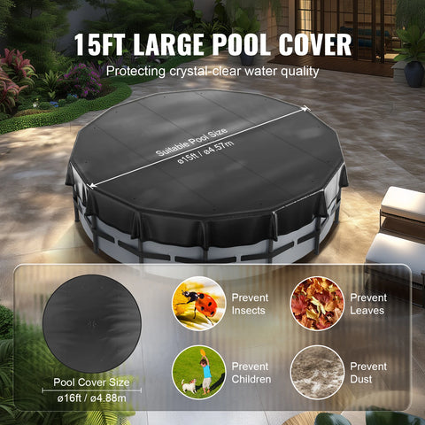 Zwembadafdekking - Zwembad - Zwembadafdekking Rond - Zonneafdekking - voor bovengrondse zwembaden - met koorddesign PVC Zwart - 15ft Oxford doek
