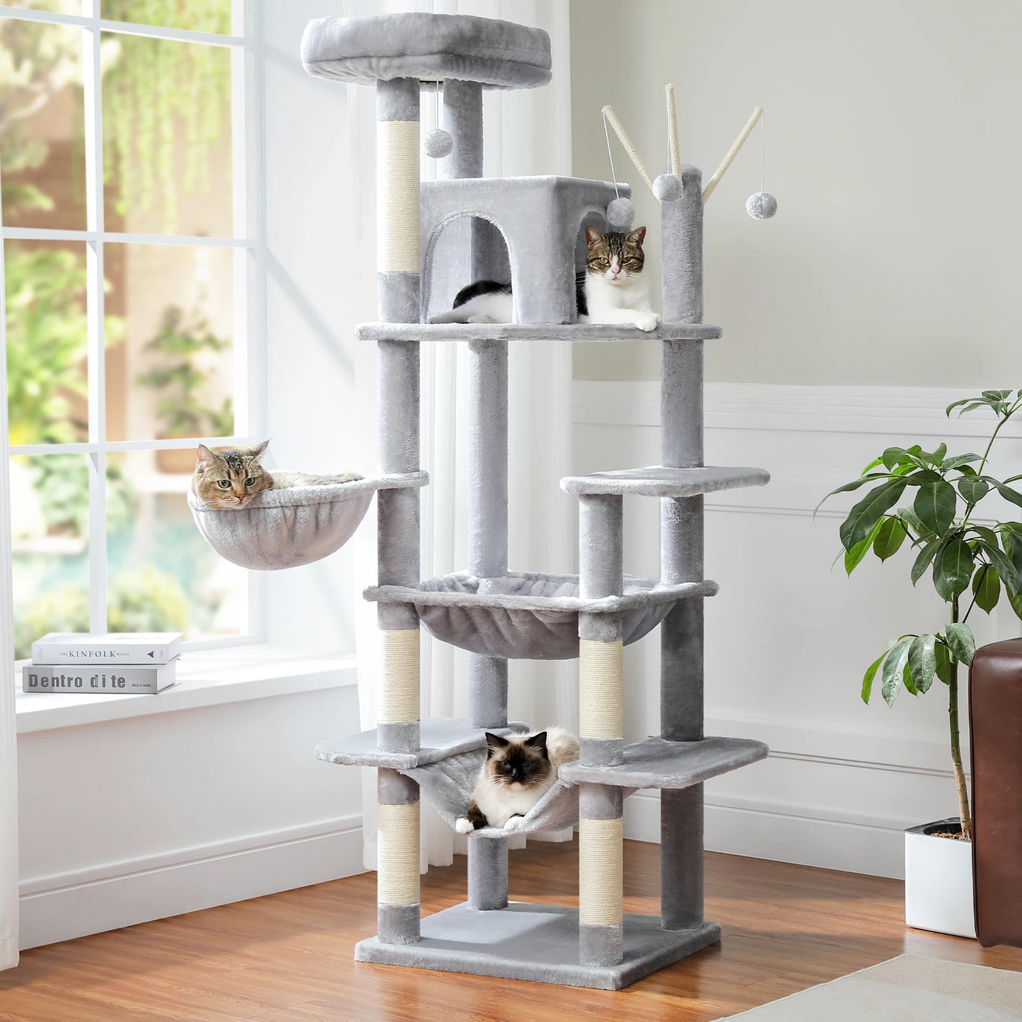Kattenboom – Katten Klimmuur - Krabpaal - Kattenmeubel - met Hangmatten en Huisjes - 7-Laagse - 175cm - Sisal Krabpalen - Arbre a Chat - Grijs