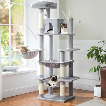 Kattenboom – Katten Klimmuur - Krabpaal - Kattenmeubel - met Hangmatten en Huisjes - 7-Laagse - 175cm - Sisal Krabpalen - Arbre a Chat - Grijs