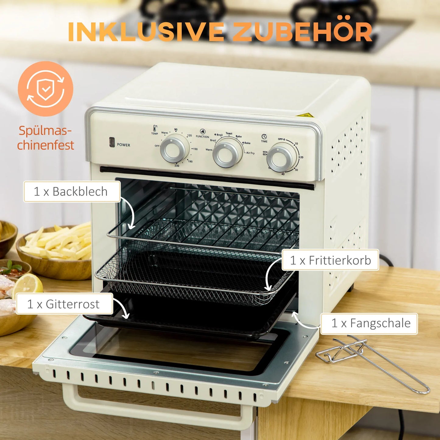 Mini oven with air circulation 20L, 7 in 1 pizza oven, baking pan set, French fry basket, breadcrumb pan, 1 hour timer, 1400 W