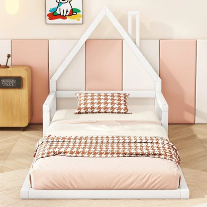 Kinderbed - Plat Bed - Huisvorm - Massief Grenen - Eenvoudige Vorm - 90*200 cm - Beige
