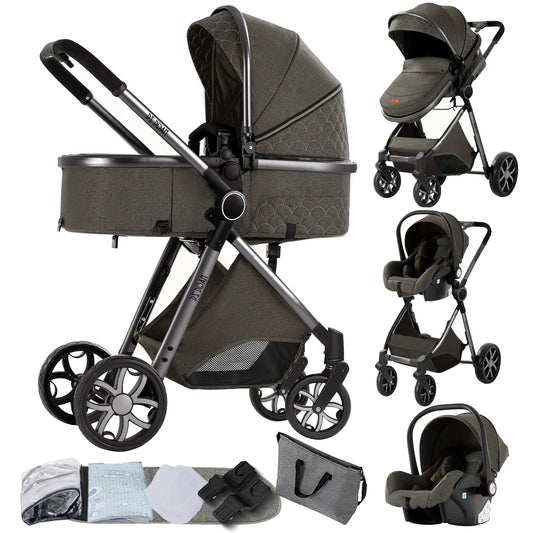 3-in-1 Kinderwagen – Reiswielwagen – Autostoeltje – Wandelwagen – Wieg – Compact & Lichtgewicht – Inklapbaar – Katoenen Bekleding – Deepgrey