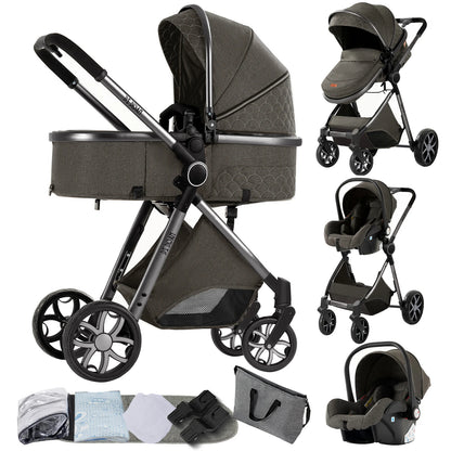 3-in-1 Autostoel Kinderwagen – Babywagen Wandelwagen Kinderbeveiliging – Compact Lichtgewicht – Duurzaam Katoen – Blauw - QUORE