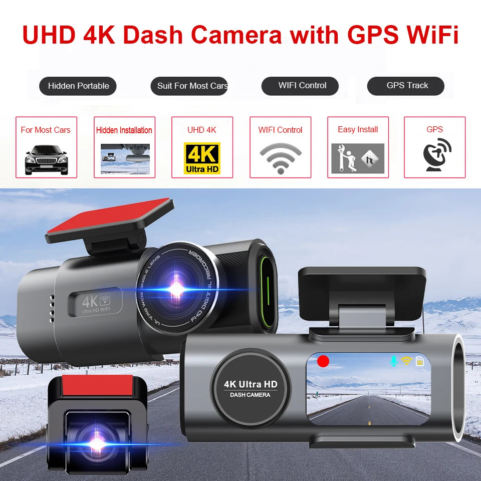 Dashcam voor Auto - 4K Dashcam - Dual Lens - 170° Groothoek - GPS - WiFi - Nachtvisie - 24H Parkeermodus - G-Sensor - 128GB Geheugenkaart inbegrepen - Alleen 4K Dashcam - Zwart