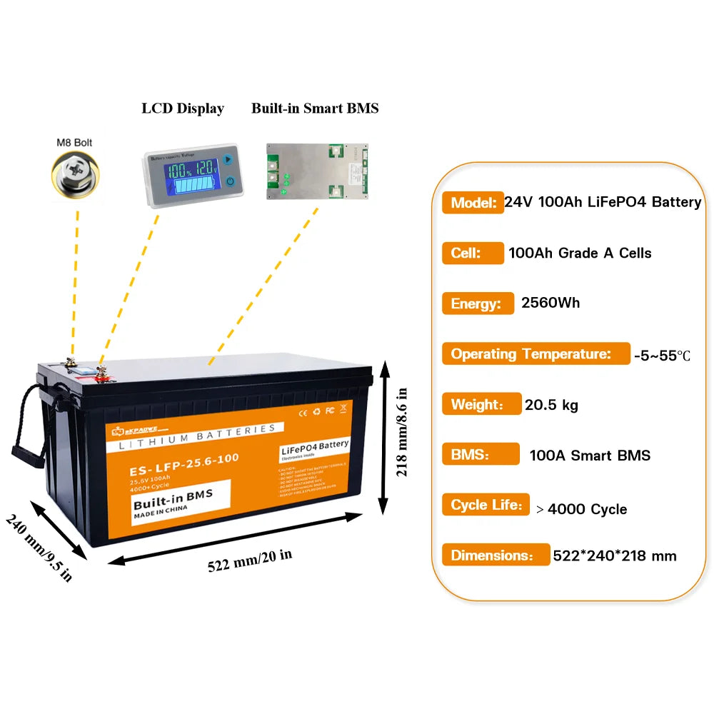 24V 100Ah LiFePO4 Batterij – Lithium Accu – Solar Accu – Camper Accu – Boot Accu – 2560Wh Capaciteit – Ingebouwd BMS & Lange Levensduur