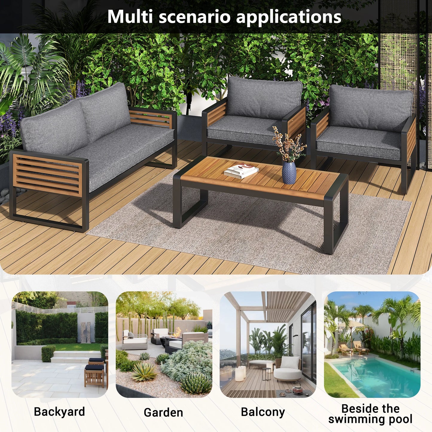 Tuinbankstel – Tuinmeubelset – Buitenbank – Loungeset – Verzinkt Stalen Frame – Acaciahouten Tafelblad – Comfortabele 7 Cm Kussens - Grijs