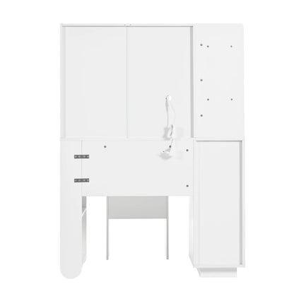 Kaptafel – Make-Uptafel – Cosmeticatafel – Make-Up Meubel – Witte Houtlook – 3-Kleurige Led-Verlichting – Inclusief Kruk