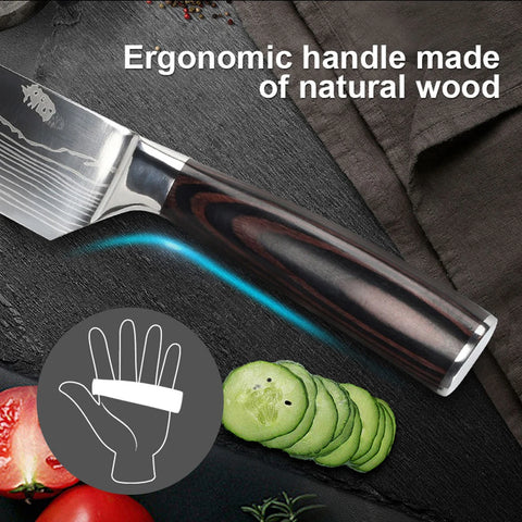 Keukenmessen - Knife set - Chef Knife - Knives - Kitchen Knife - Roestvrij staal met hoog koolstofgehalte - Damascus-tekening - Hakmesset - Santoku-koksmes - 7stuks