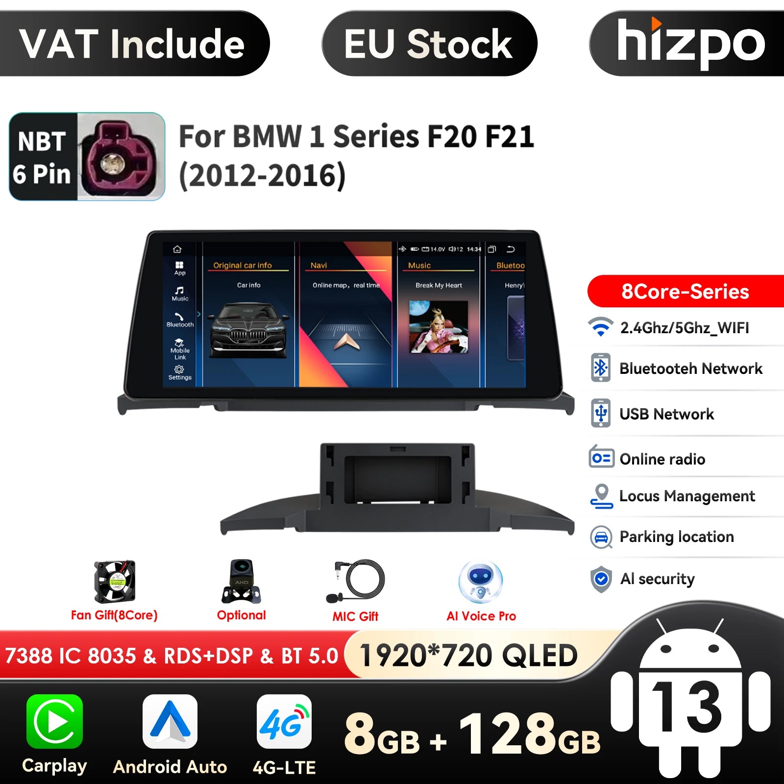 Hizpo Wireless Carplay Android 14 for BMW 1 Series F20 F21 NBT Systems 2011 - 2016 Multimedia Player Auto Radio Screen GPS Video - QUORE