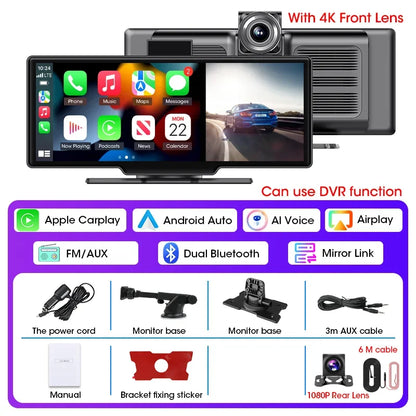 10.26” 4K Dual Dashcam Spiegel – Draadloze CarPlay & Android Auto – WiFi Achteruitrijcamera – Nachtvisie – Loop Recording – Zonder Geheugenkaart