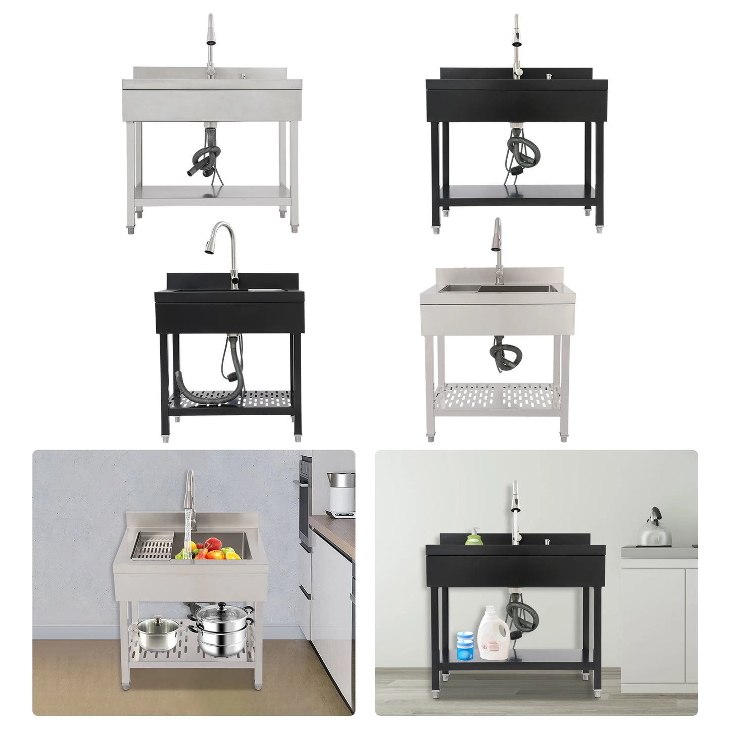 Keukenspoelbak – Spoelbak – Wasbak – Gootsteen – Enkele Spoelbak – Vrijstaand Ontwerp – Roestvrij Staal 201 – Compact 55x36 cm – Uittrekbare Kraan 360° - QUORE