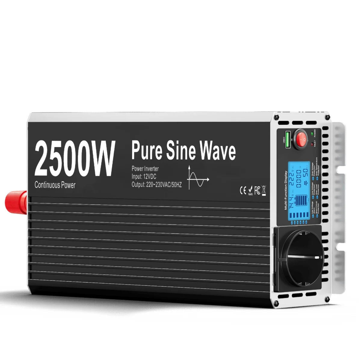 Zuivere Sinusgolf Omvormer – Pure Sinus Omvormer – Inverter – Spanningsomvormer – 2500W Tot 5000W Vermogen – USB Poort – Digitaal Display - 12V