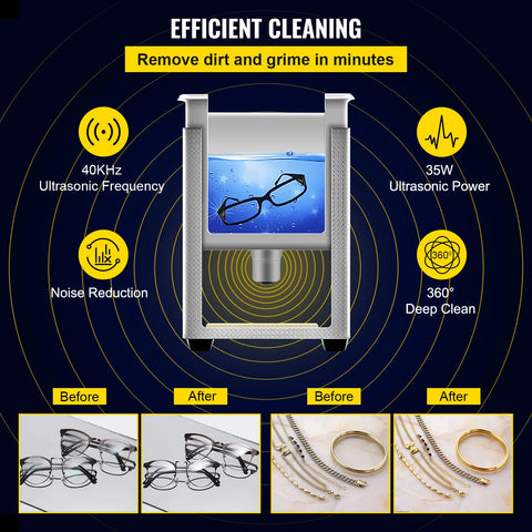 Vevor - Ultrasonic cleaner - Portable - Upgraded - Lave-Dishes - Frequency 40kHz - 220V - 35W - Cleaning device for jewelry and glasses - Stainless steel - Capacity 800ml - Silver